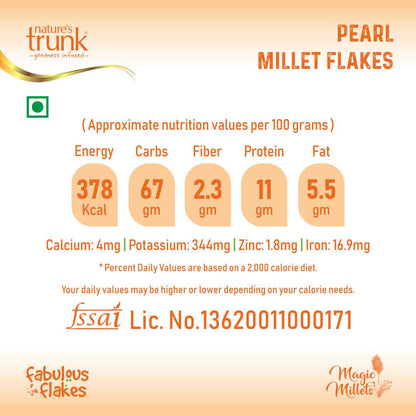Pearl Millet Flakes 400g nutritional label showing calories, fiber and protein info – buy pearl millet flakes online
