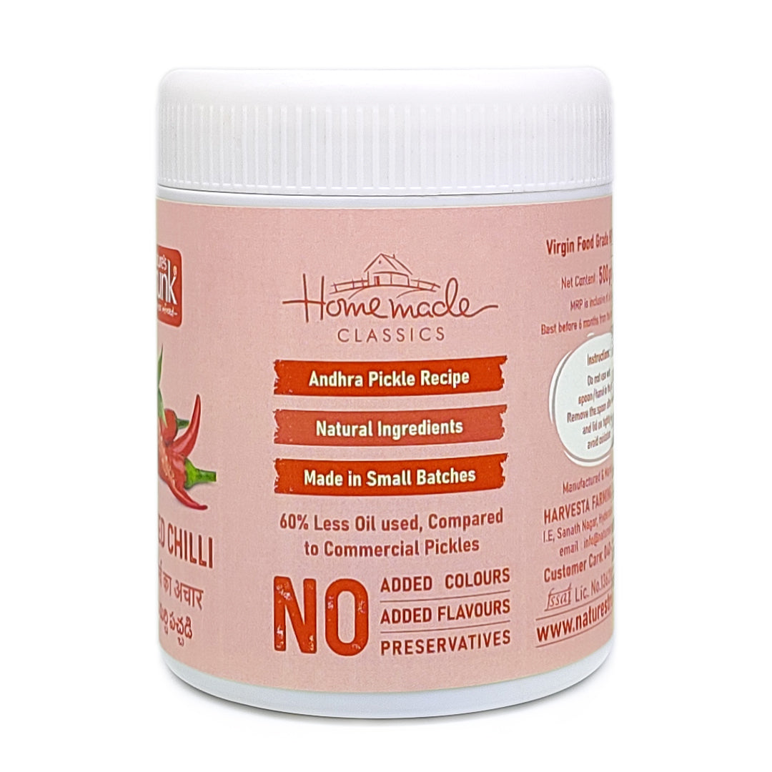 Red chillies pickle jar highlighting homemade Andhra recipe with natural ingredients, buy red chillies pickle