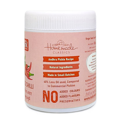 Red chillies pickle jar highlighting homemade Andhra recipe with natural ingredients, buy red chillies pickle