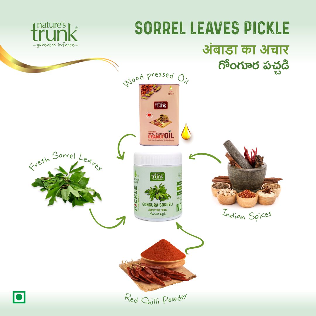 Gongura pickle made with fresh sorrel leaves, wood pressed peanut oil, Indian spices and chilli powder