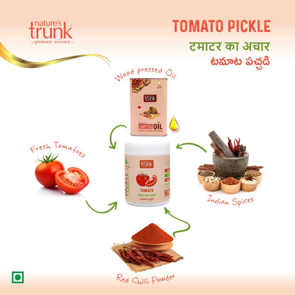 Tomato pickle infographic showing fresh tomatoes, spices and oil with Nature’s Trunk jar, buy tomato pickle online