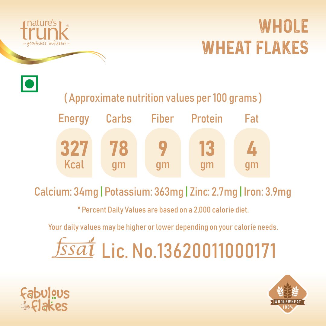 Whole Wheat Flakes 350g nutrition label showing calories, fiber and protein – buy whole wheat millet flakes online