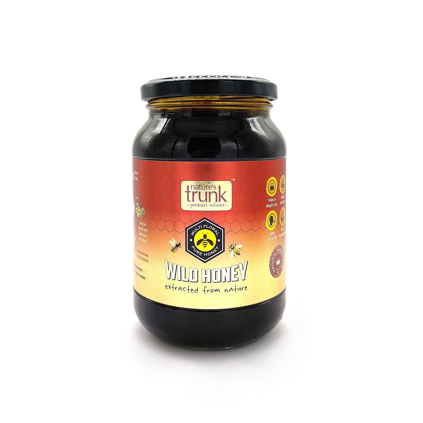 Jar of wild forest honey 375g with rich golden texture, pure and organic, ideal for healthy daily use 