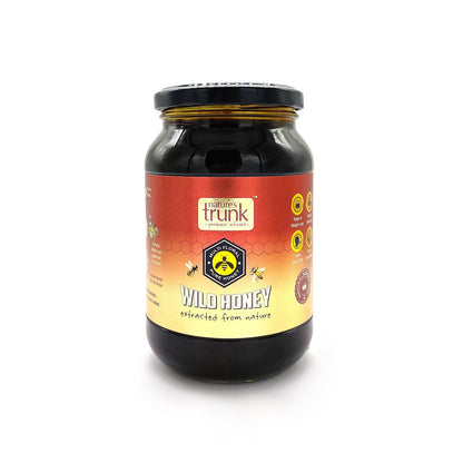 Jar of wild forest honey 375g with rich golden texture, pure and organic, ideal for healthy daily use 
