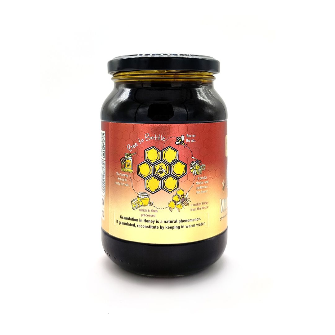 Wild forest honey in a jar showing rich golden depth, pure organic sweetness for healthy daily use