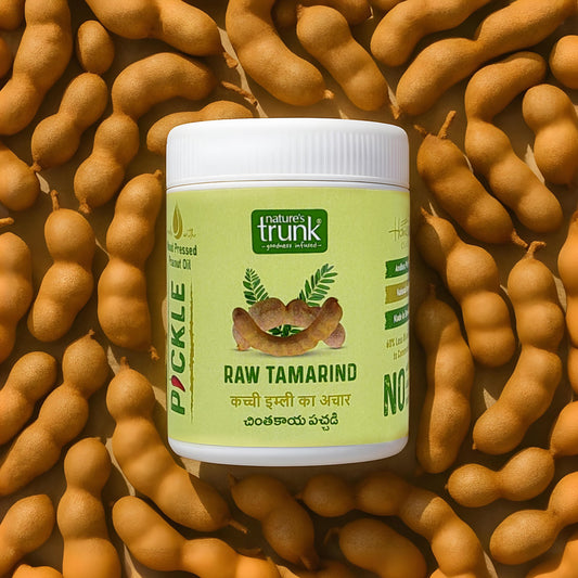 Raw tamarind pickle jar made with fresh tamarind, wood pressed oil and spices, authentic chintakaya pachadi