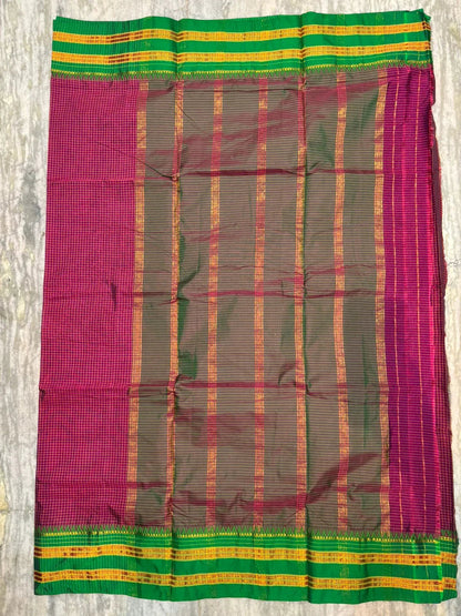 Pure Gadwal Silk Saree with Traditional Zari Checks and Contrast Kuttu Temple Border - pochampallysarees.com