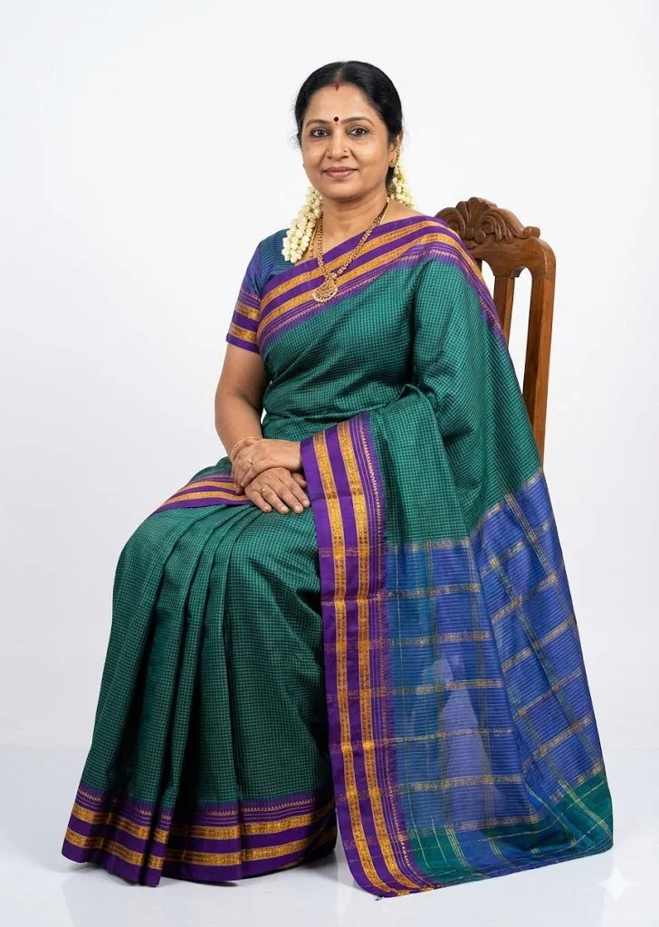 Pure Gadwal Silk Saree in Teal Green with Contrast Purple Zari Border - pochampallysarees.com