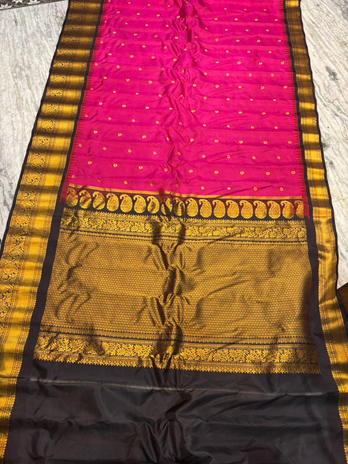 Authentic Pure Gadwal Silk Saree - Radiant Pink with Black & Gold Zari Border | Traditional Wedding & Festive Wear - pochampallysarees.com