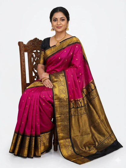 Authentic Pure Gadwal Silk Saree - Radiant Pink with Black & Gold Zari Border | Traditional Wedding & Festive Wear - pochampallysarees.com