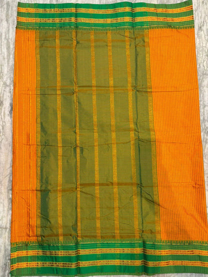 Authentic Mango Yellow & Emerald Green Gadwal Silk Saree | Checkered Handloom Saree with Zari Border - pochampallysarees.com