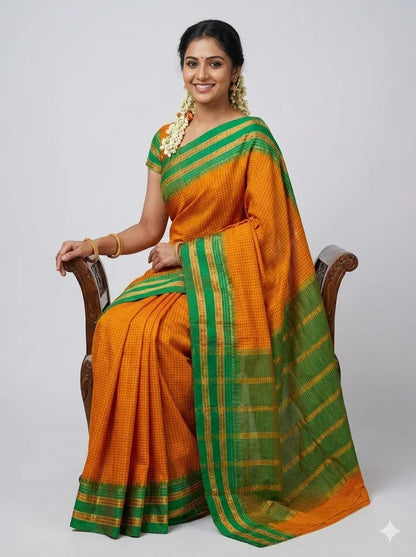 Authentic Mango Yellow & Emerald Green Gadwal Silk Saree | Checkered Handloom Saree with Zari Border - pochampallysarees.com