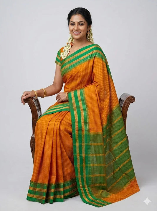 Authentic Mango Yellow & Emerald Green Gadwal Silk Saree | Checkered Handloom Saree with Zari Border - pochampallysarees.com