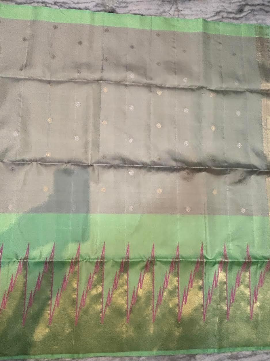 Women's Elegant Grey & Mint Green Soft Silk Saree | Gold Zari Temple Border & Diamond Pallu | Traditional South Indian Festive Wear | With Tassels - pochampallysarees.com