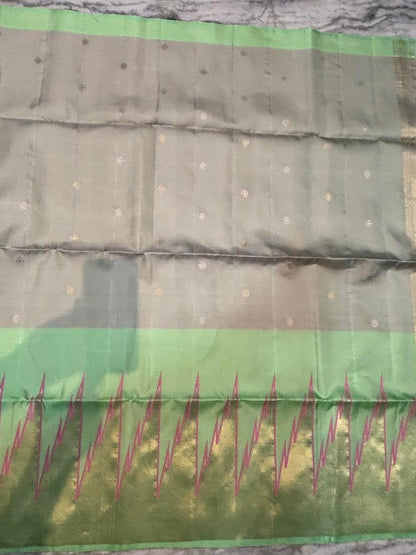 Women's Elegant Grey & Mint Green Soft Silk Saree | Gold Zari Temple Border & Diamond Pallu | Traditional South Indian Festive Wear | With Tassels - pochampallysarees.com