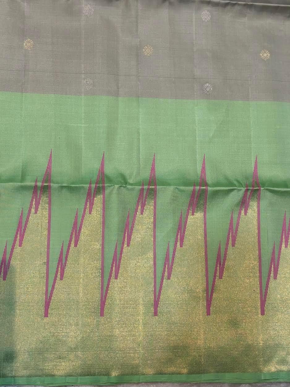 Women's Elegant Grey & Mint Green Soft Silk Saree | Gold Zari Temple Border & Diamond Pallu | Traditional South Indian Festive Wear | With Tassels - pochampallysarees.com