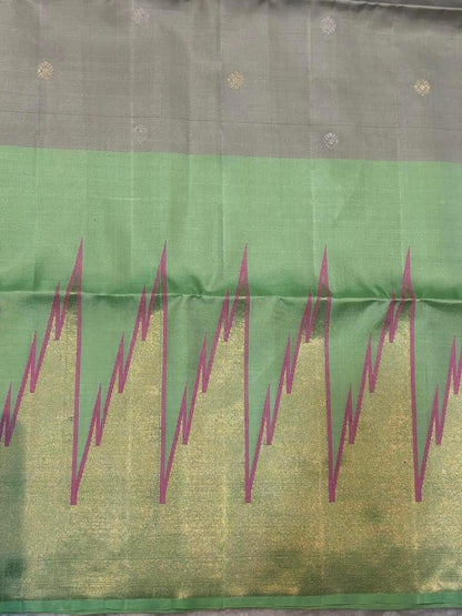 Women's Elegant Grey & Mint Green Soft Silk Saree | Gold Zari Temple Border & Diamond Pallu | Traditional South Indian Festive Wear | With Tassels - pochampallysarees.com