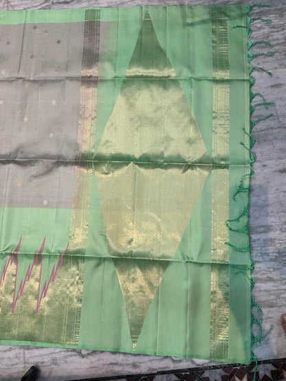 Women's Elegant Grey & Mint Green Soft Silk Saree | Gold Zari Temple Border & Diamond Pallu | Traditional South Indian Festive Wear | With Tassels - pochampallysarees.com