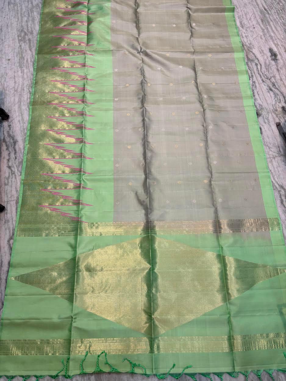 Women's Elegant Grey & Mint Green Soft Silk Saree | Gold Zari Temple Border & Diamond Pallu | Traditional South Indian Festive Wear | With Tassels - pochampallysarees.com