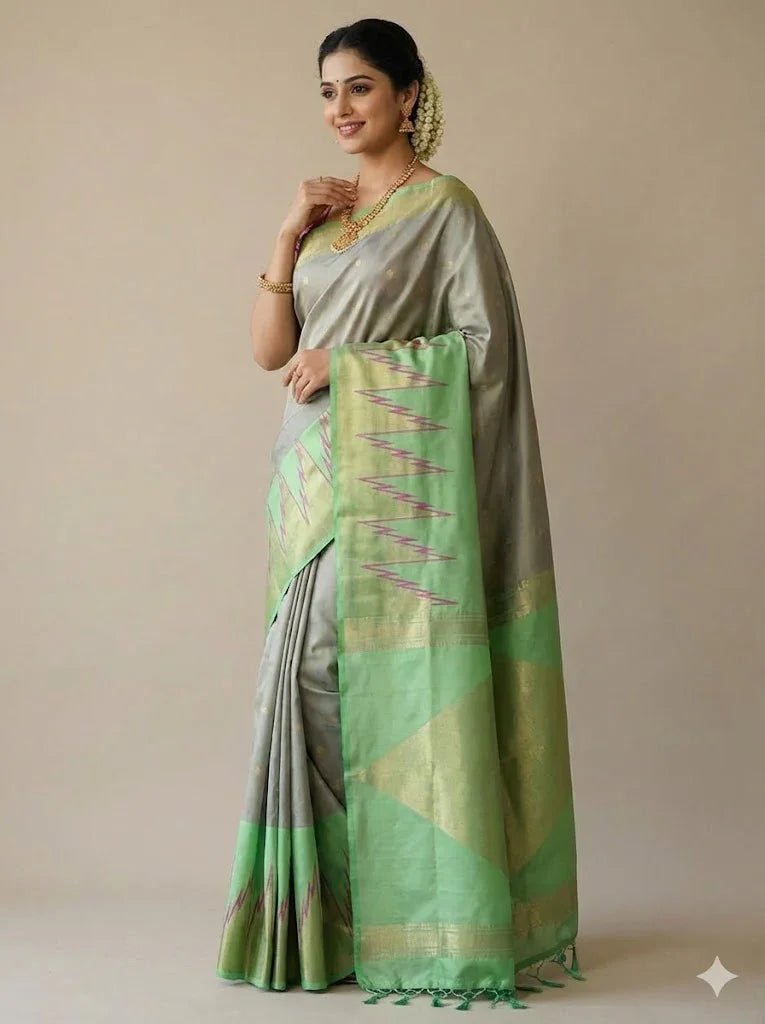 Women's Elegant Grey & Mint Green Soft Silk Saree | Gold Zari Temple Border & Diamond Pallu | Traditional South Indian Festive Wear | With Tassels - pochampallysarees.com