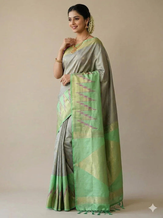 Women's Elegant Grey & Mint Green Soft Silk Saree | Gold Zari Temple Border & Diamond Pallu | Traditional South Indian Festive Wear | With Tassels - pochampallysarees.com