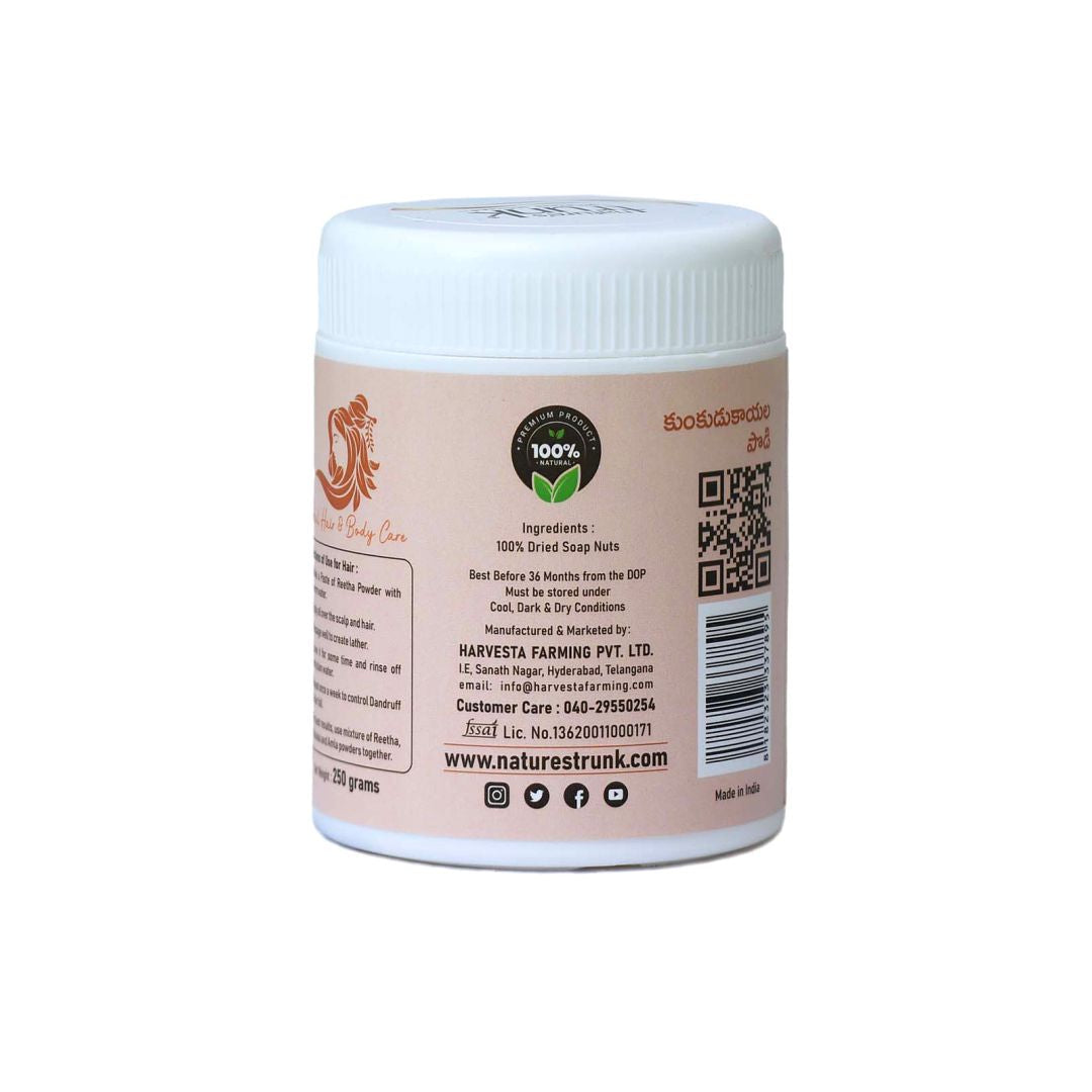 Herbal reetha powder packed fresh — soapnut kumkudu kaya powder ideal for hair wash and scalp care. Buy reetha powder online easily.