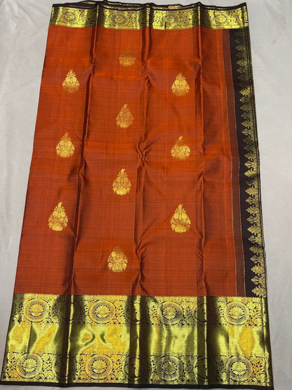 Pure Kanchipuram Silk Saree in Rust Orange with Contrast Brown Zari Border | Silk Mark Certified - pochampallysarees.com