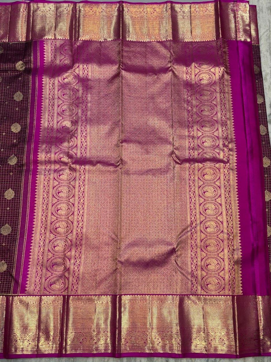 Authentic Deep Wine & Magenta Kanchipuram Silk Saree with Gold Zari Checks & Peacock Motifs - pochampallysarees.com