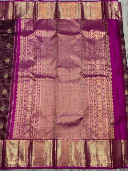 Authentic Deep Wine & Magenta Kanchipuram Silk Saree with Gold Zari Checks & Peacock Motifs - pochampallysarees.com