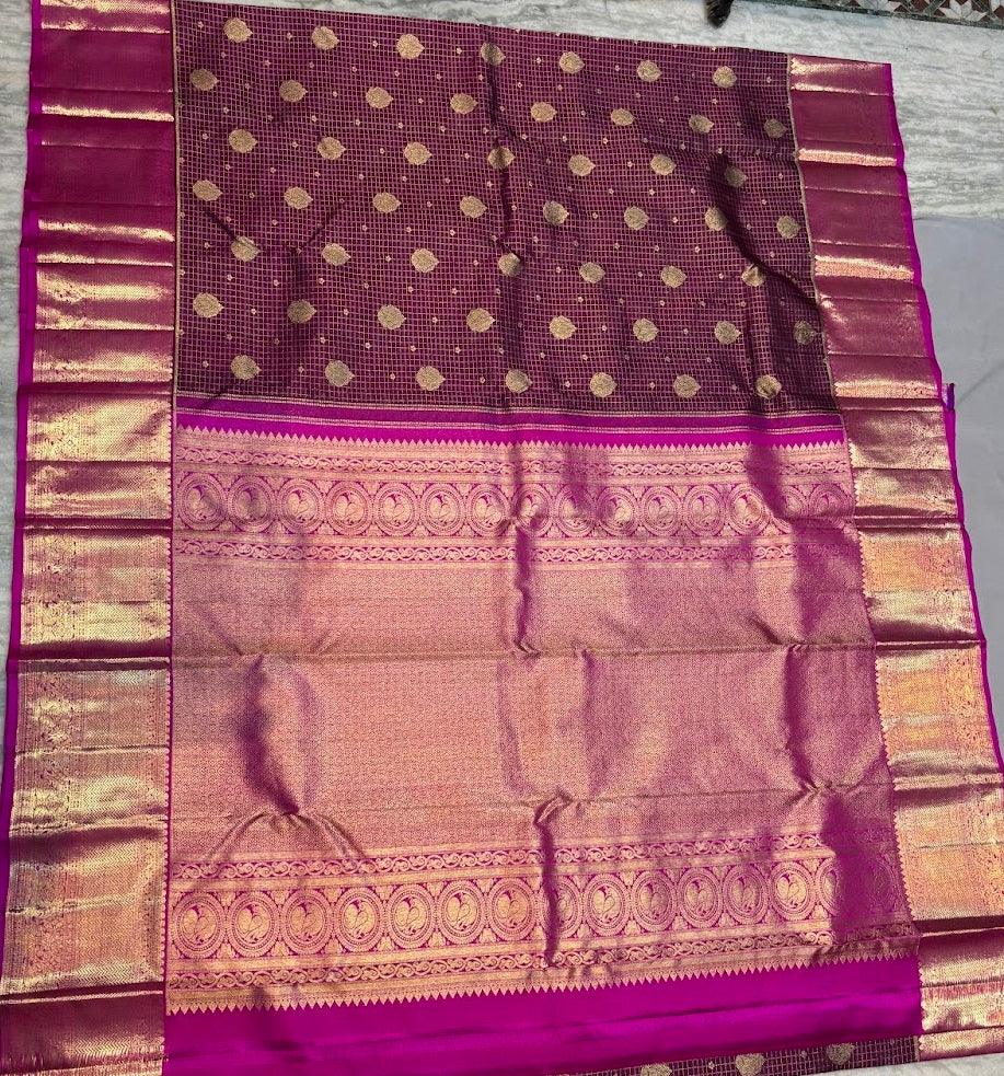 Authentic Deep Wine & Magenta Kanchipuram Silk Saree with Gold Zari Checks & Peacock Motifs - pochampallysarees.com