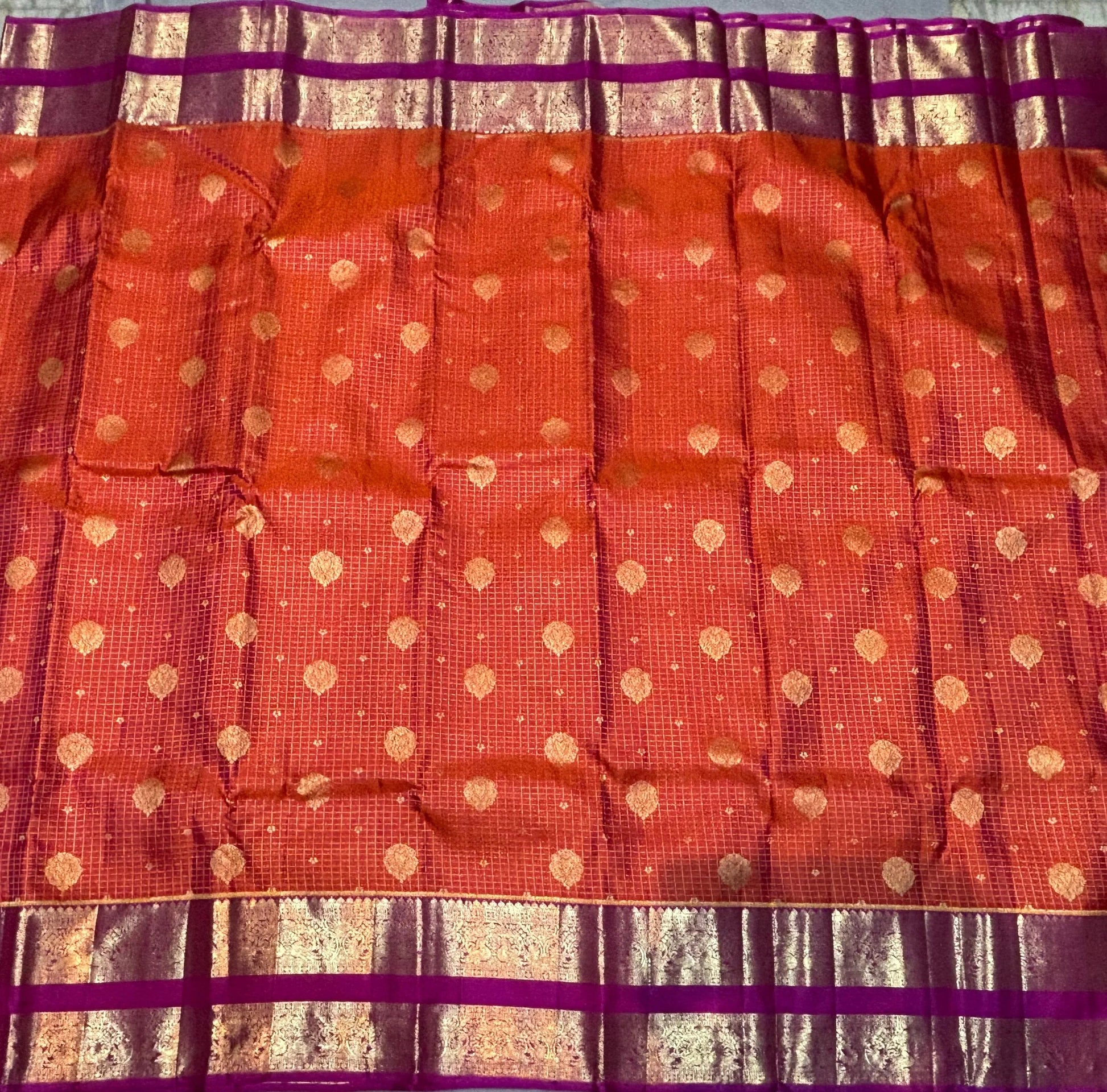 Vibrant Orange Pure Kanchi Pattu Saree with Magenta Gold Zari Border | Traditional Wedding Silk - pochampallysarees.com