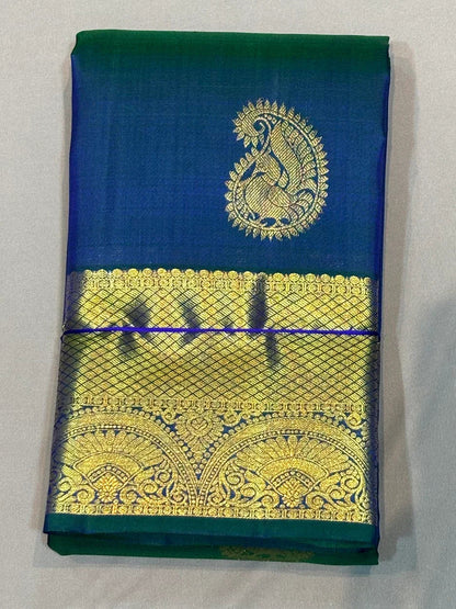 Pure Kanchipuram Pattu Saree with gold zari border in Royal Blue & Green | Silk Mark Certified - pochampallysarees.com