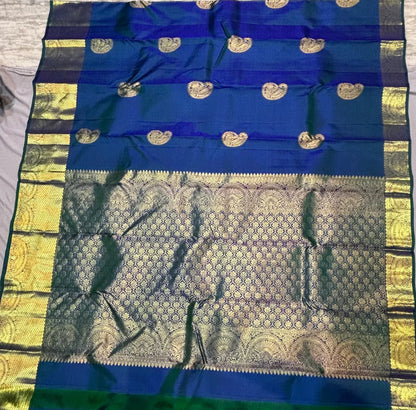 Authentic Pure Kanchipuram Pattu Saree in Royal Blue & Green | Silk Mark Certified - pochampallysarees.com