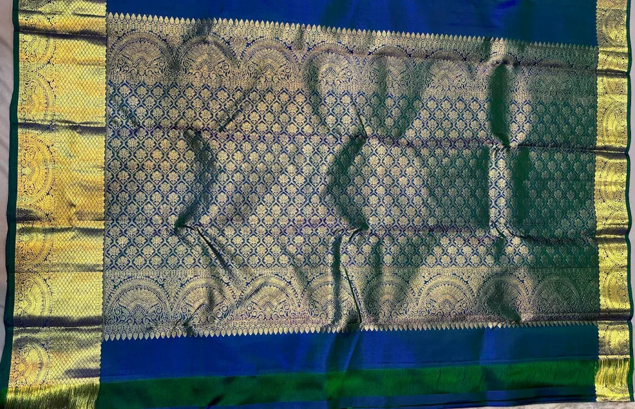 Authentic Pure Kanchipuram Pattu Saree in Royal Blue & Green | Silk Mark Certified - pochampallysarees.com