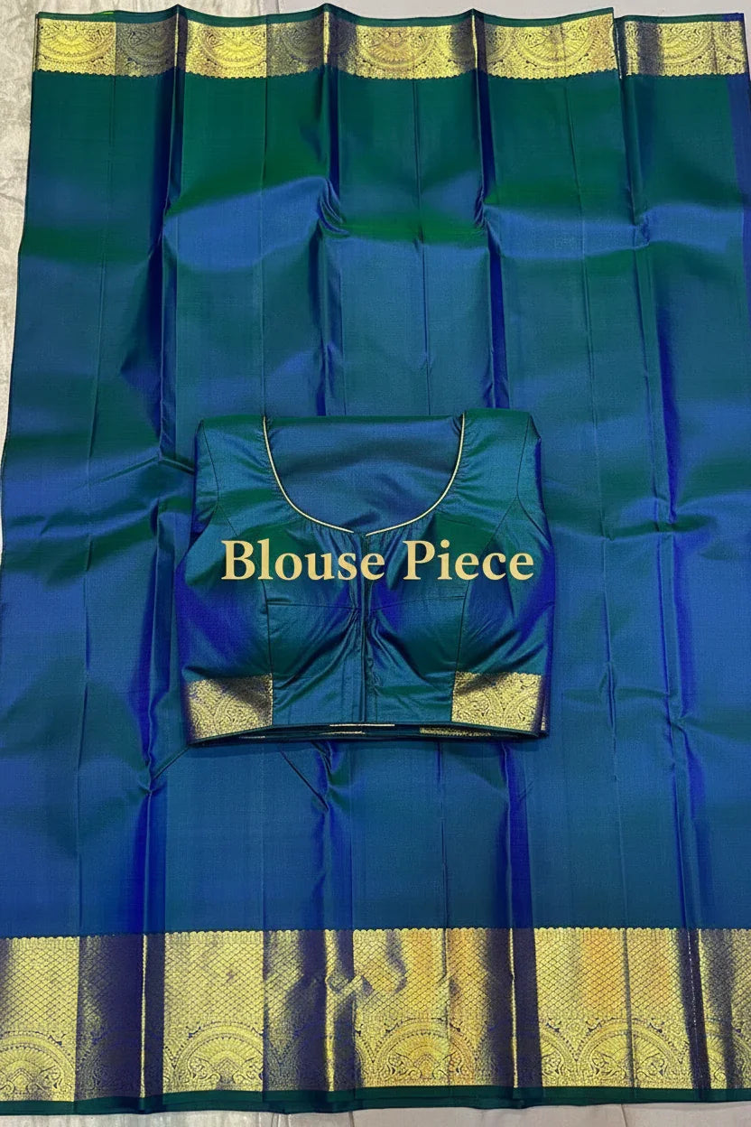 Authentic Pure Kanchipuram Pattu Saree in Royal Blue & Green | Silk Mark Certified - pochampallysarees.com