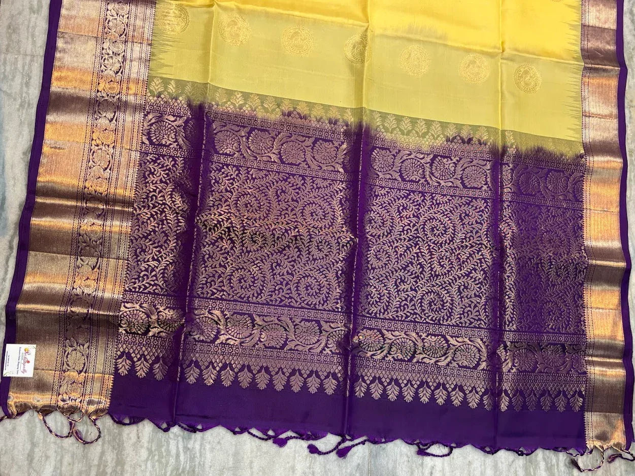 Pure Kanchipuram Pattu Saree – Vibrant Yellow & Purple Handloom Silk with Gold Zari - pochampallysarees.com