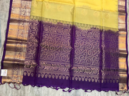 Pure Kanchipuram Pattu Saree – Vibrant Yellow & Purple Handloom Silk with Gold Zari - pochampallysarees.com
