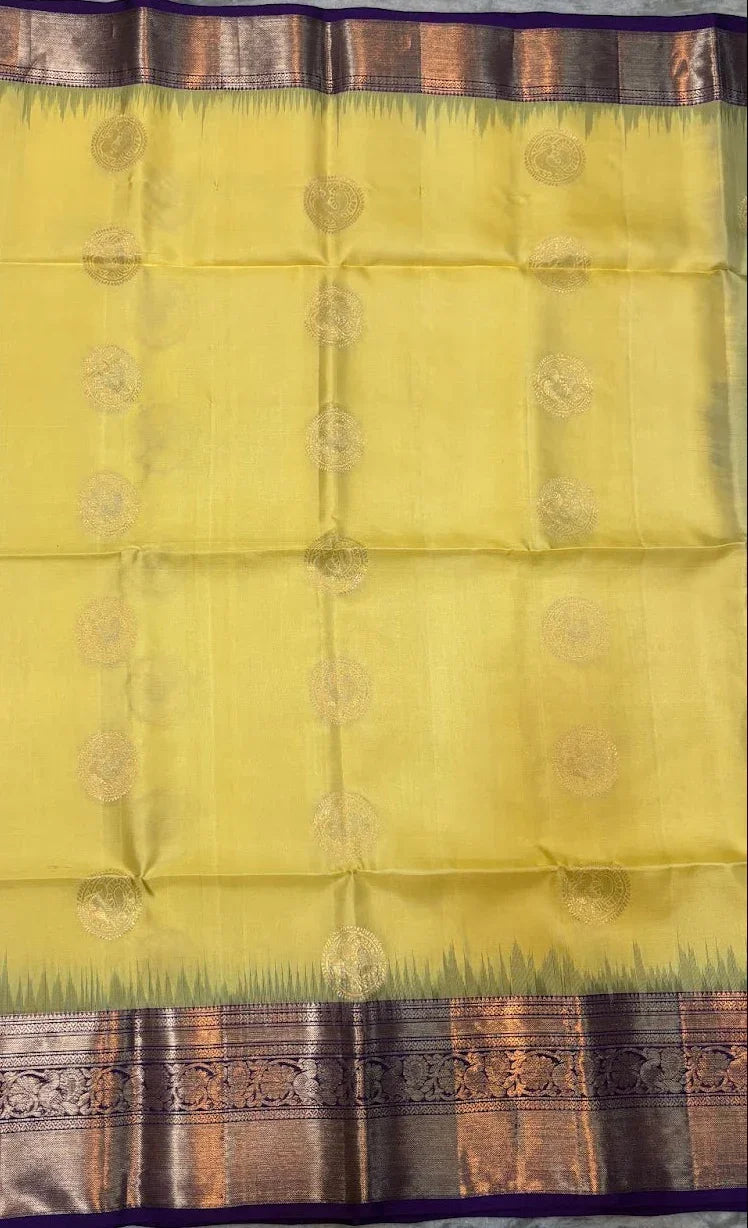 Pure Kanchipuram Pattu Saree – Vibrant Yellow & Purple Handloom Silk with Gold Zari - pochampallysarees.com