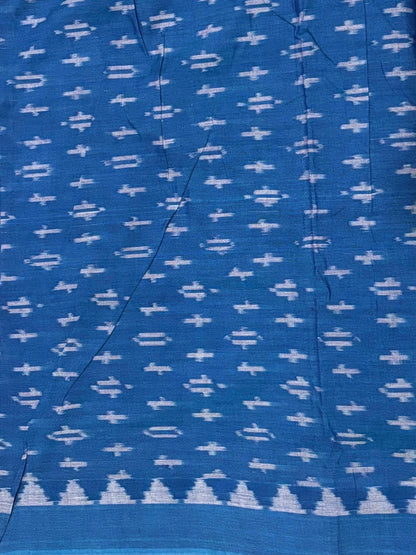 POCHAMPALLY IKKAT COTTON GRAY BODY BORDER BLUE SARI BLUE BLOUSE - pochampallysarees.com