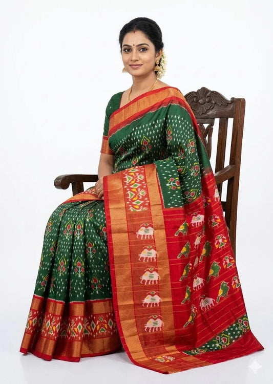 Premium Green & Red Pure Ikkat Silk Saree | Traditional Parrot & Elephant Motifs | Rich Gold Zari Border - pochampallysarees.com