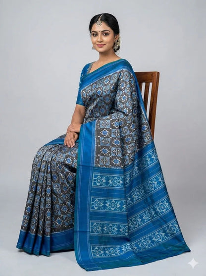 Authentic Pochampally Ikkat Pure Silk Saree – Charcoal Grey & Royal Blue Geometric Pattern with Contrast Border | Handloom Pattu Saree for Weddings - pochampallysarees.com