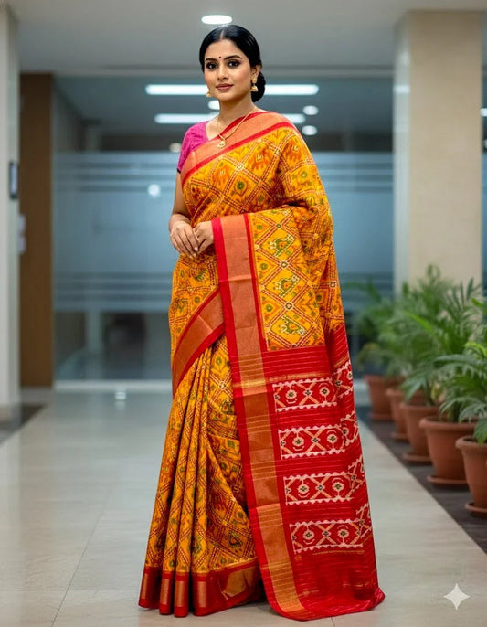 POCHAMPALLY IKKAT SILK PATOLA MIDDLE YELLOW BORDER AND PALLU RED ZARI BORDER ALLOVER DESIGN SAREE - pochampallysarees.com