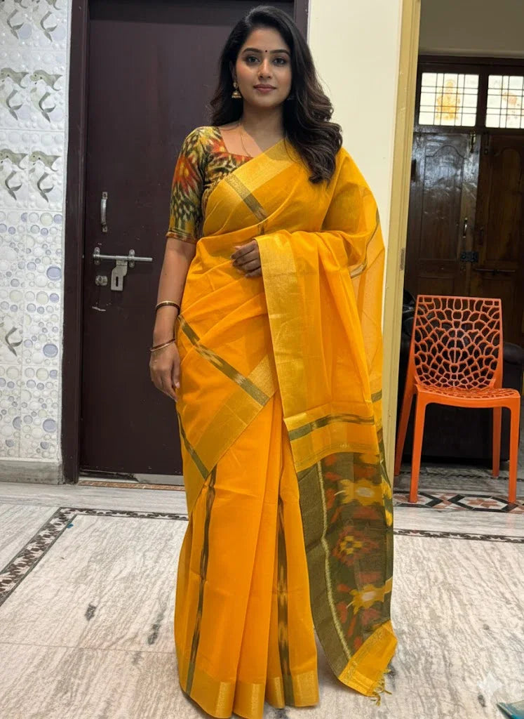 POCHAMPALLY IKKAT SICO YELLOW SARI - pochampallysarees.com