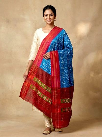 Ikkat Silk Dupatta Blue Red - pochampallysarees.com