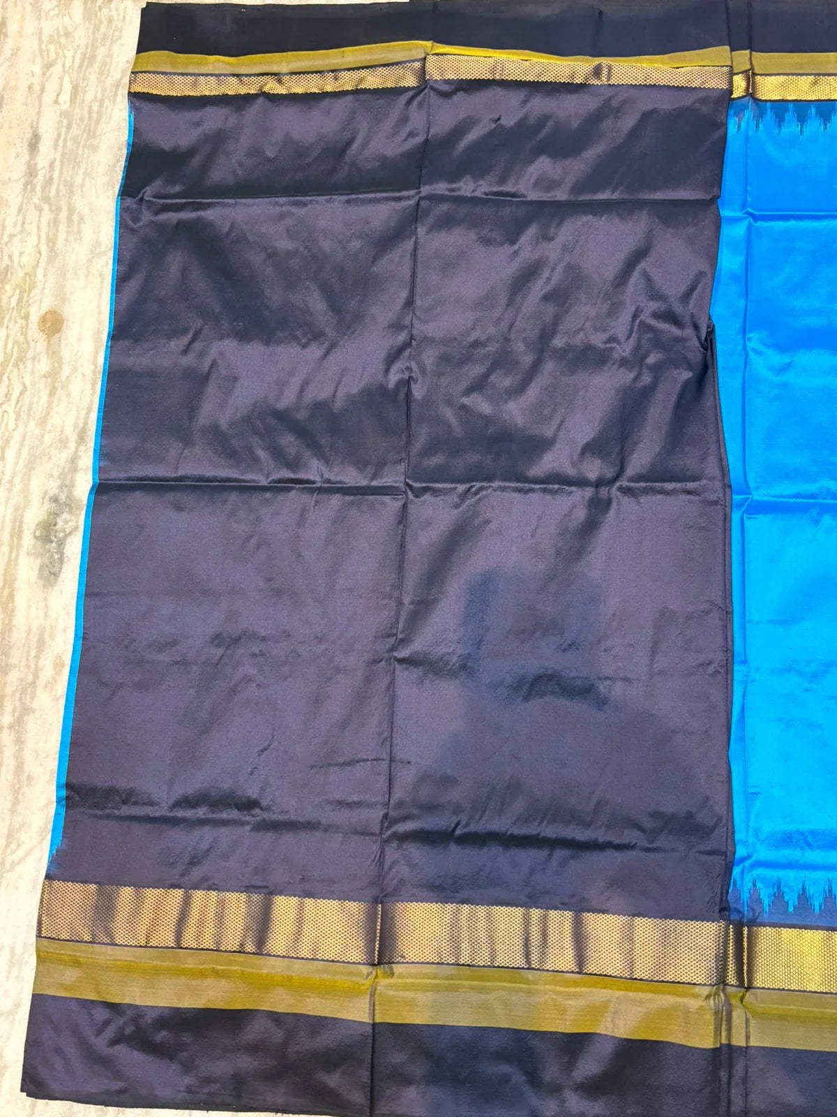 Pure Ikkat Silk Saree in Radiant Blue with Contrast Black Temple Border & Geometric Pallu - pochampallysarees.com