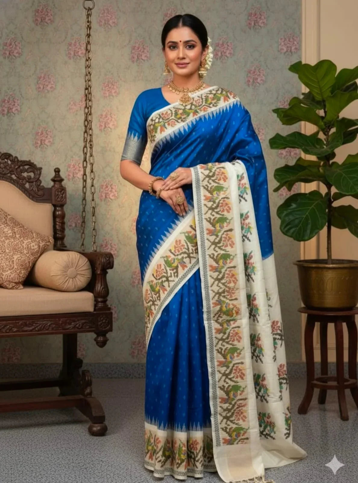 Royal Blue & Cream White Pure Ikkat Silk Saree | Silk Mark Certified Handloom Pochampally | Temple Border Wedding Saree - pochampallysarees.com
