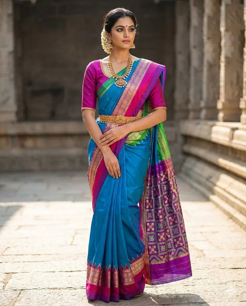 Pochampally Ikat Silk Saree – Blue Body with Ganga-Jamuna Borders (Pink & Green) | Dual-Tone Handloom Classic - pochampallysarees.com