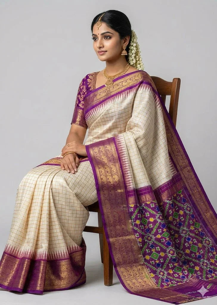 Pure Handloom Ikkat Silk Saree in Off-White & Purple | Gold Zari Check Body with Geometric Pochampally Pallu | Traditional Wedding Pattu Saree - pochampallysarees.com