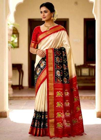 Traditional Cream & Red Ikkat Silk Saree with Black Elephant Motif Border | Pochampally Handloom - pochampallysarees.com