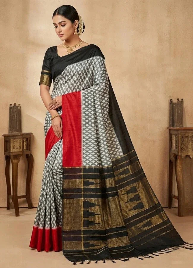 POCHAMPALLY IKKAT SILK GRAY BLACK RED SARI - pochampallysarees.com